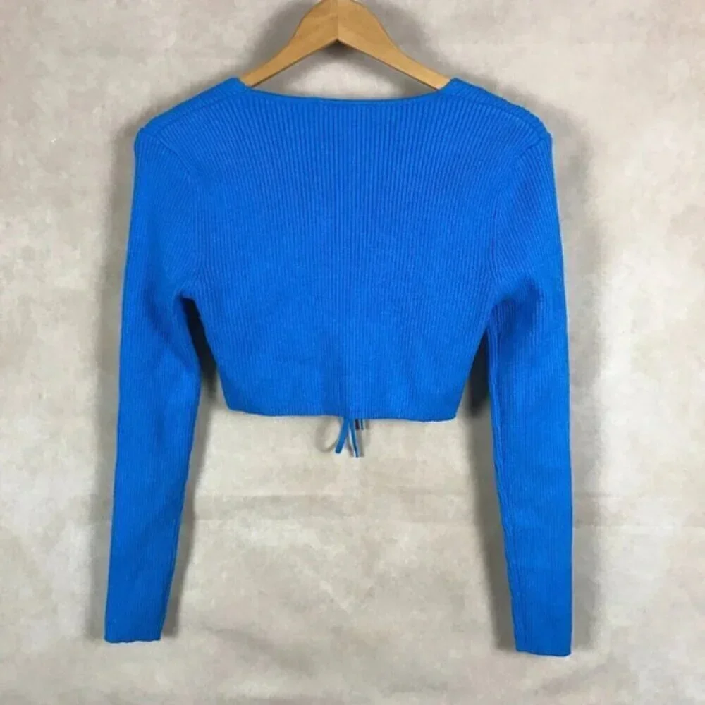 ZARA Blue Tie Front Rib Knit Crop Top Size Large